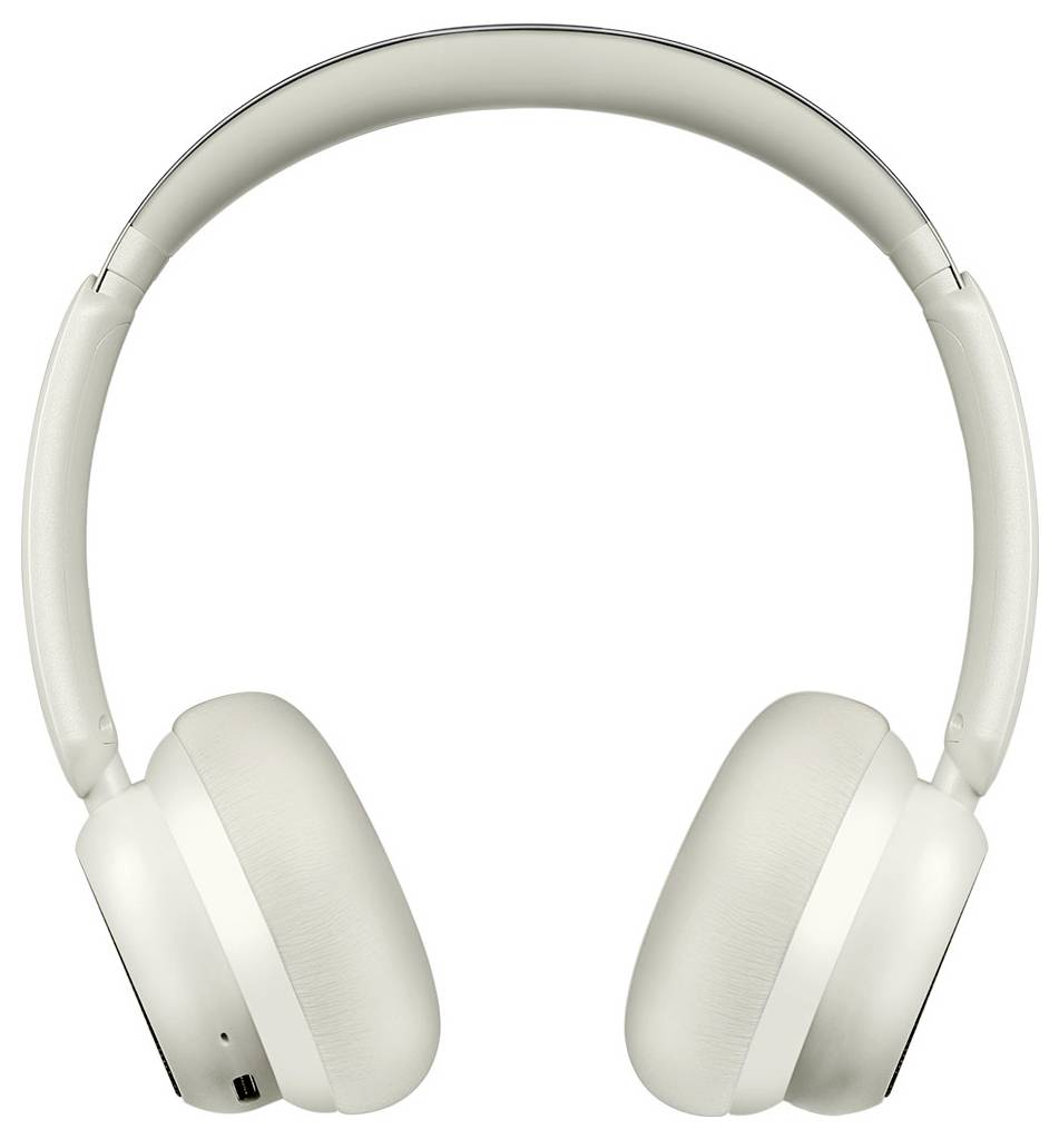 White over-ear headphones with cushioned ear pads, shown from a front view.
