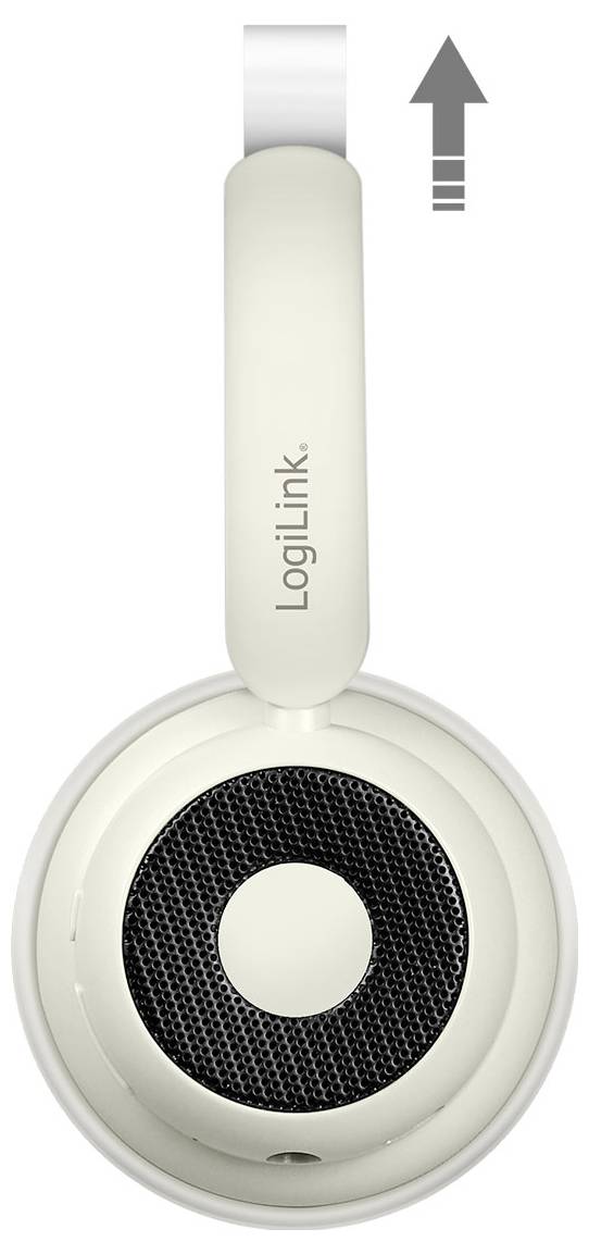 Overhead view of a white LogiLink headphone with an upward arrow, indicating adjustable headband for size customization.