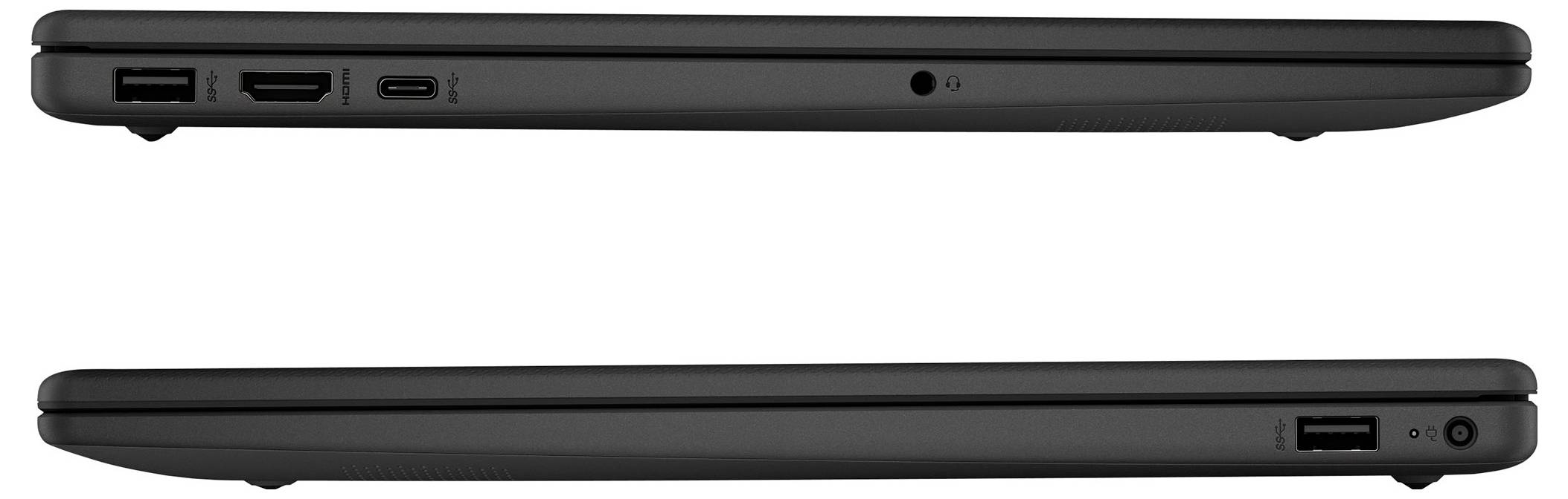 Side view of a closed laptop showing ports: top view includes USB, HDMI, USB-C, and audio jack; bottom view shows USB port and power button.