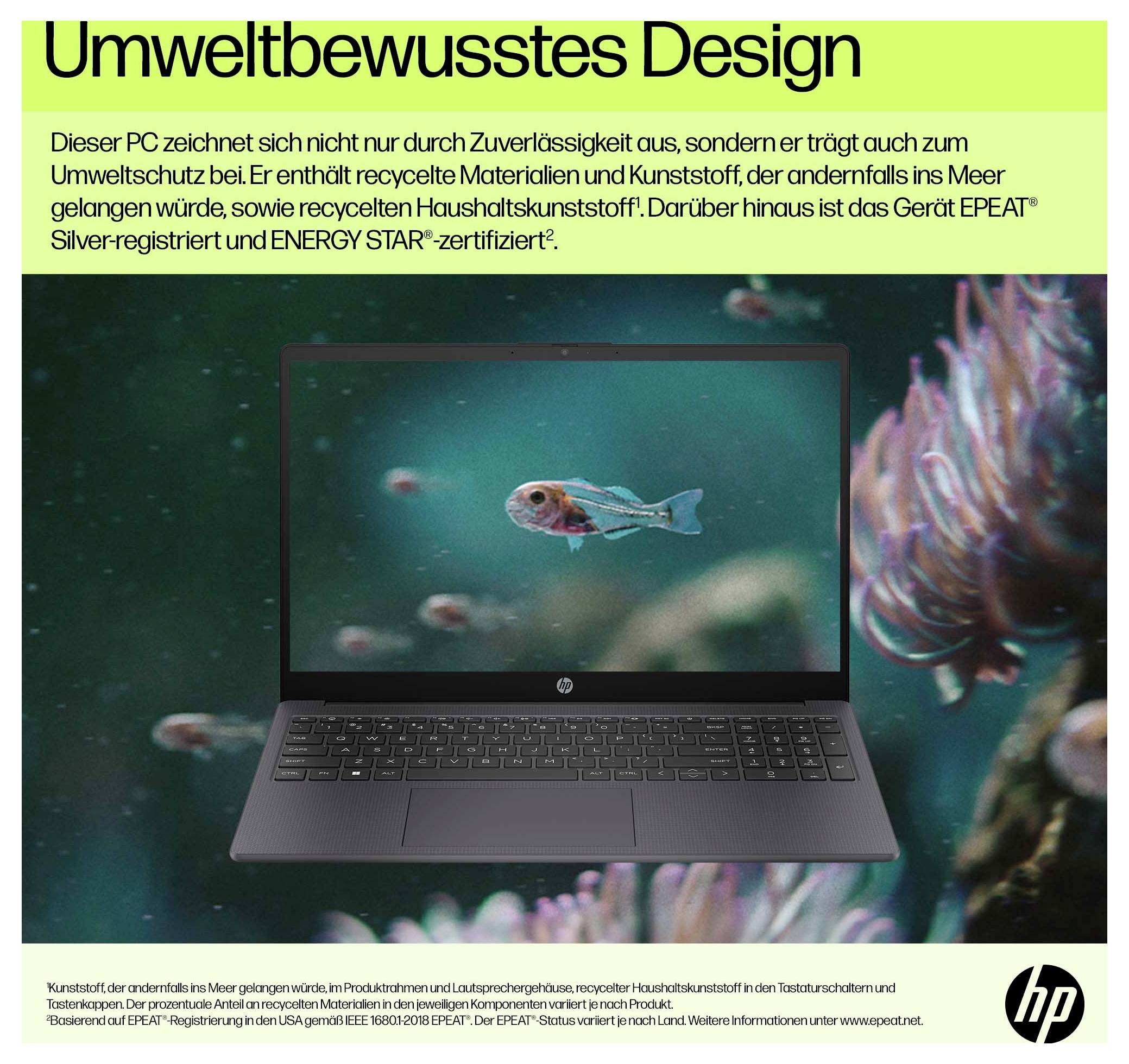 A laptop with an image of a marine creature on the screen. Text describes environmental awareness, recycled materials, and certifications.