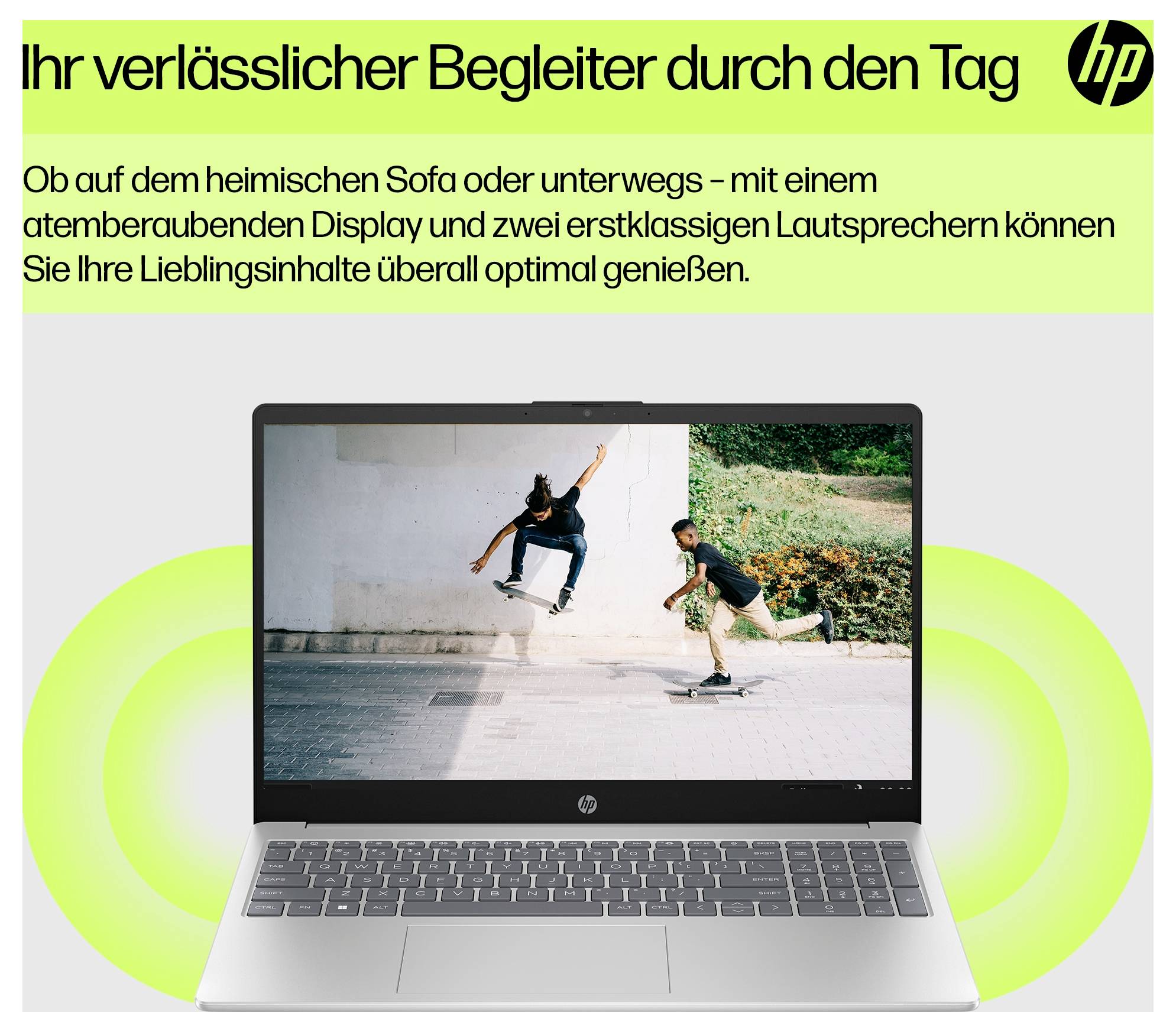 A laptop with an open display shows an image of two skateboarders. At the top, the text reads 'Your reliable companion through the day'.