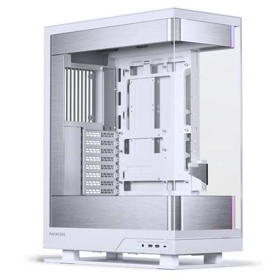 A silver computer tower case with a transparent side panel, showcasing the inner frame for mounting components, set on white feet.