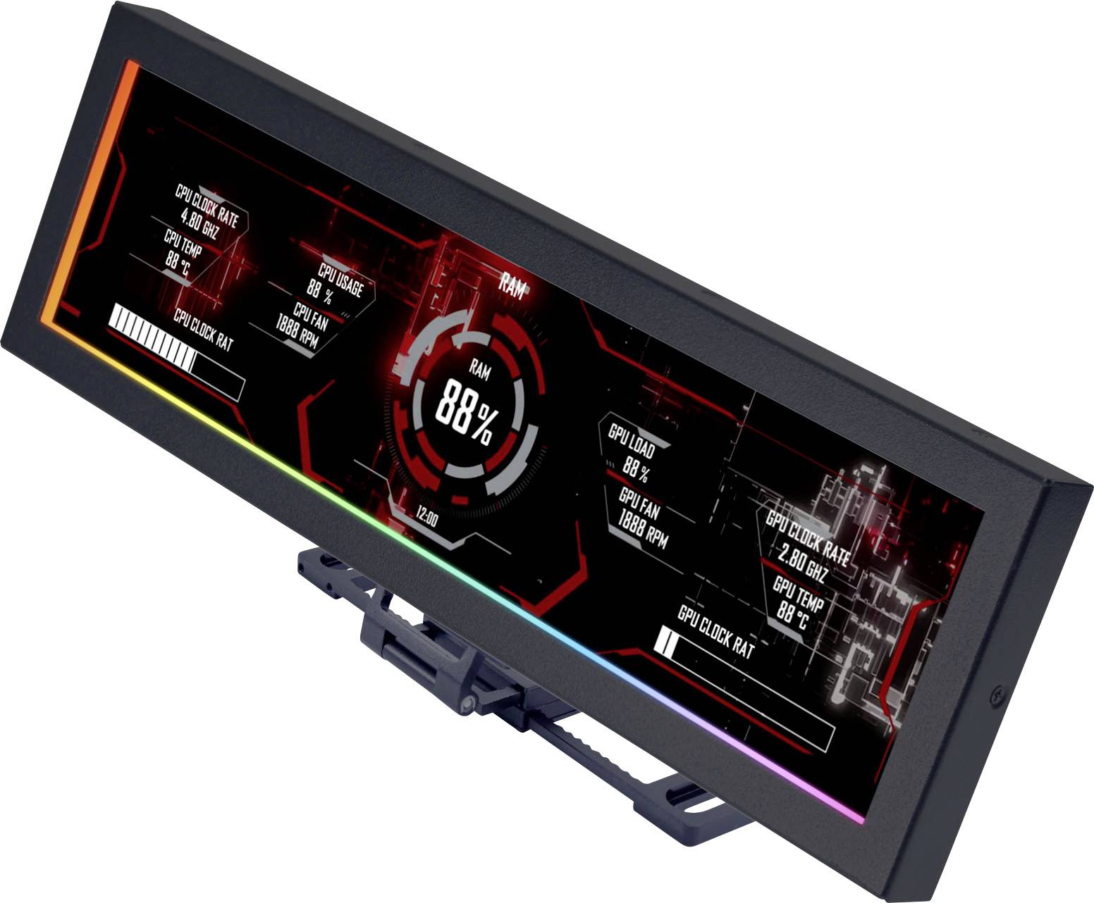 A high-tech, wide computer monitor displaying a graphical user interface with colorful data visualizations and performance metrics.