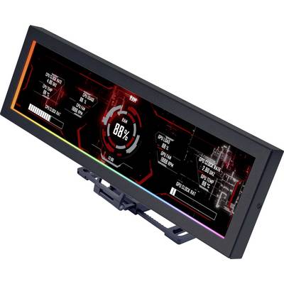 A high-tech, wide computer monitor displaying a graphical user interface with colorful data visualizations and performance metrics.