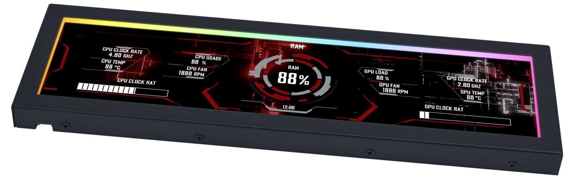 Rectangular display shows RAM usage at 88%. Collage of digital dials and labels for CPU, GPU usage. Multicolor backlight border.