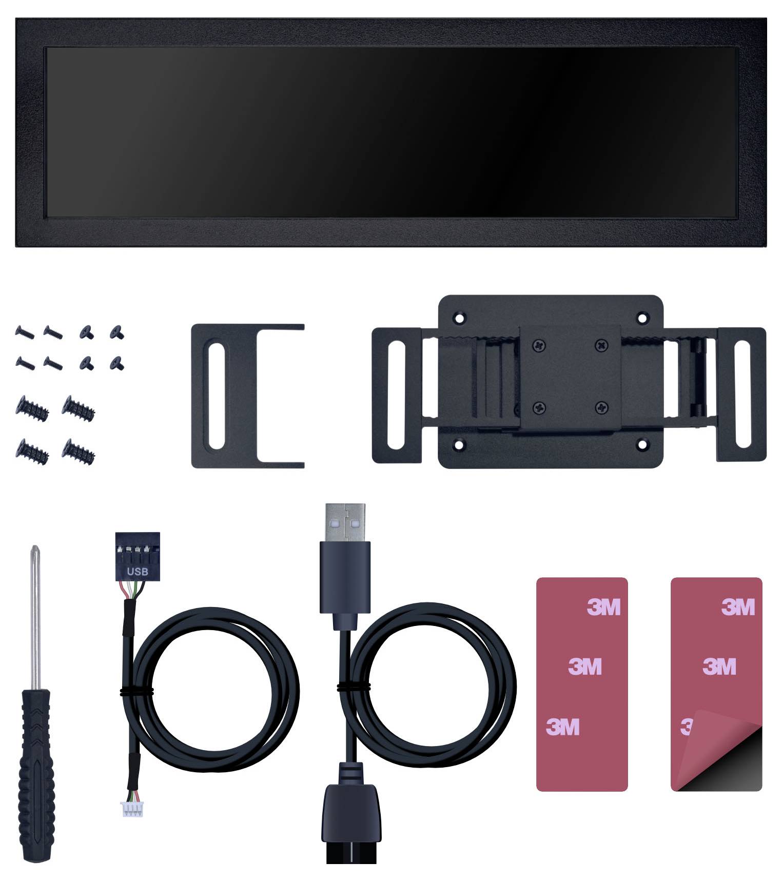 Mounting kit for an electronic device: includes screws, screwdriver, brackets, USB cables, and adhesive strips, with a rectangular mount.