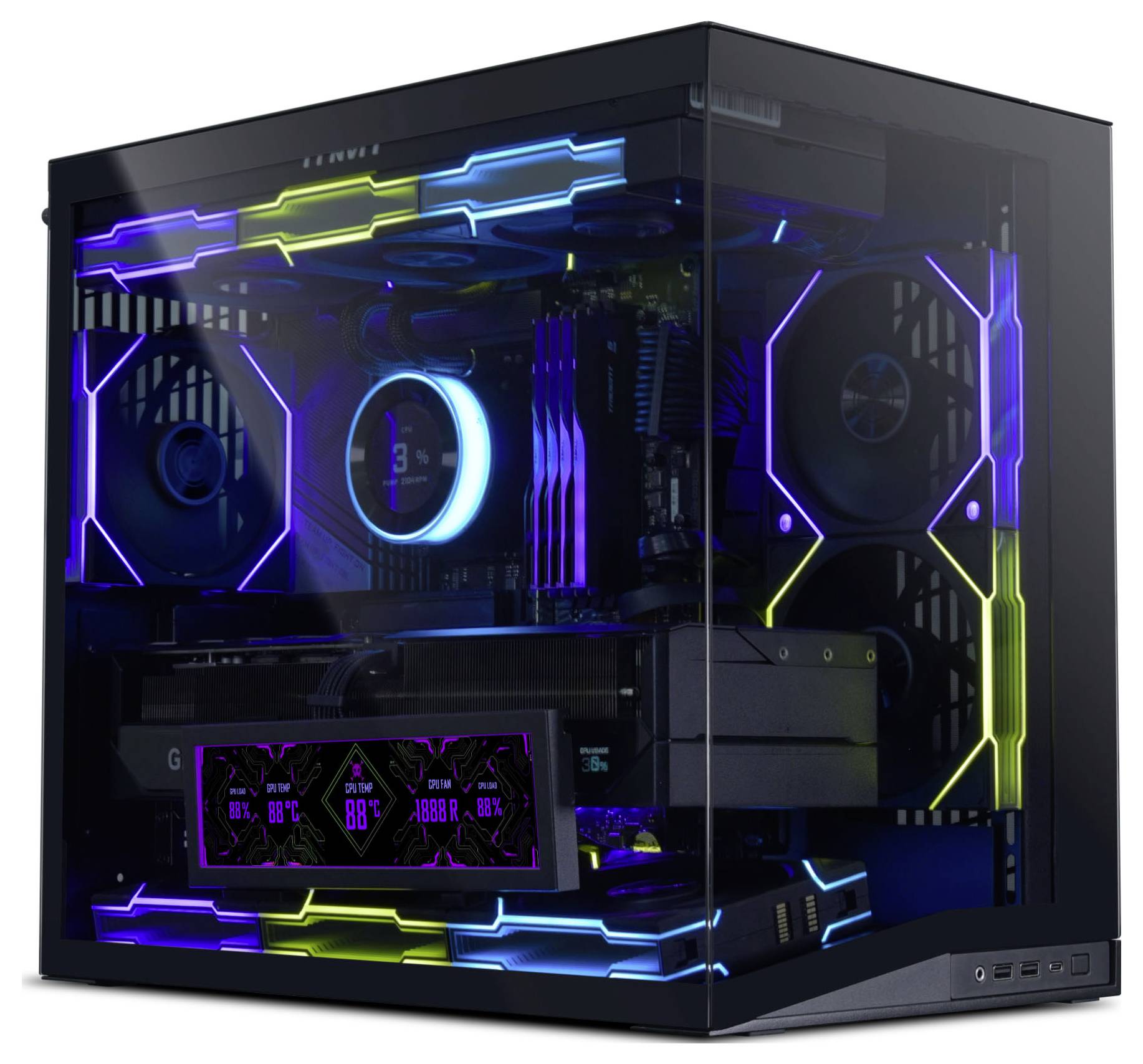 A clear side view of a gaming PC with glowing neon components, showcasing several fans and an illuminated central processing unit cooler.
