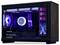 A compact gaming PC with blue and purple LED lighting, featuring 'GeForce RTX' graphics. Side panel displays system stats and a cityscape.