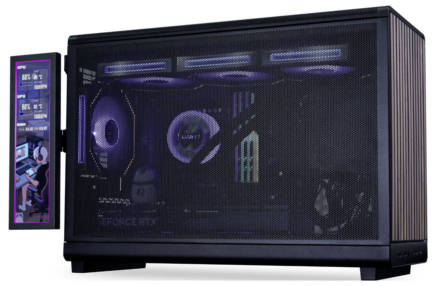 A black computer tower with visible purple LED lighting inside. The side panel displays system information and graphics on a digital screen.