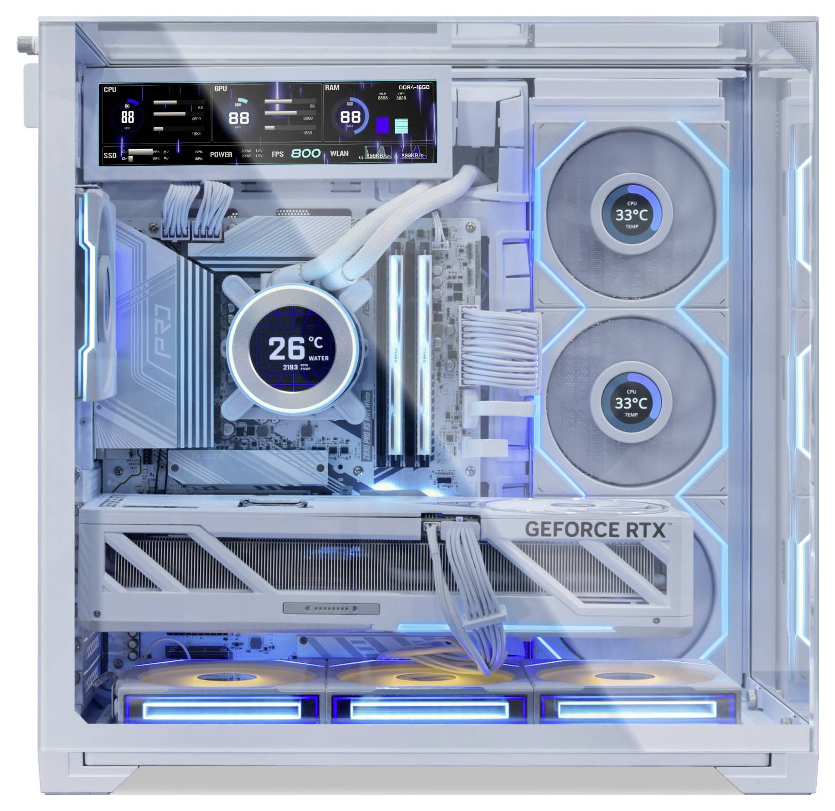 A sleek, white gaming PC case with visible RGB lighting, showcasing a 'GEFORCE RTX' graphics card and three fans with temperature displays.