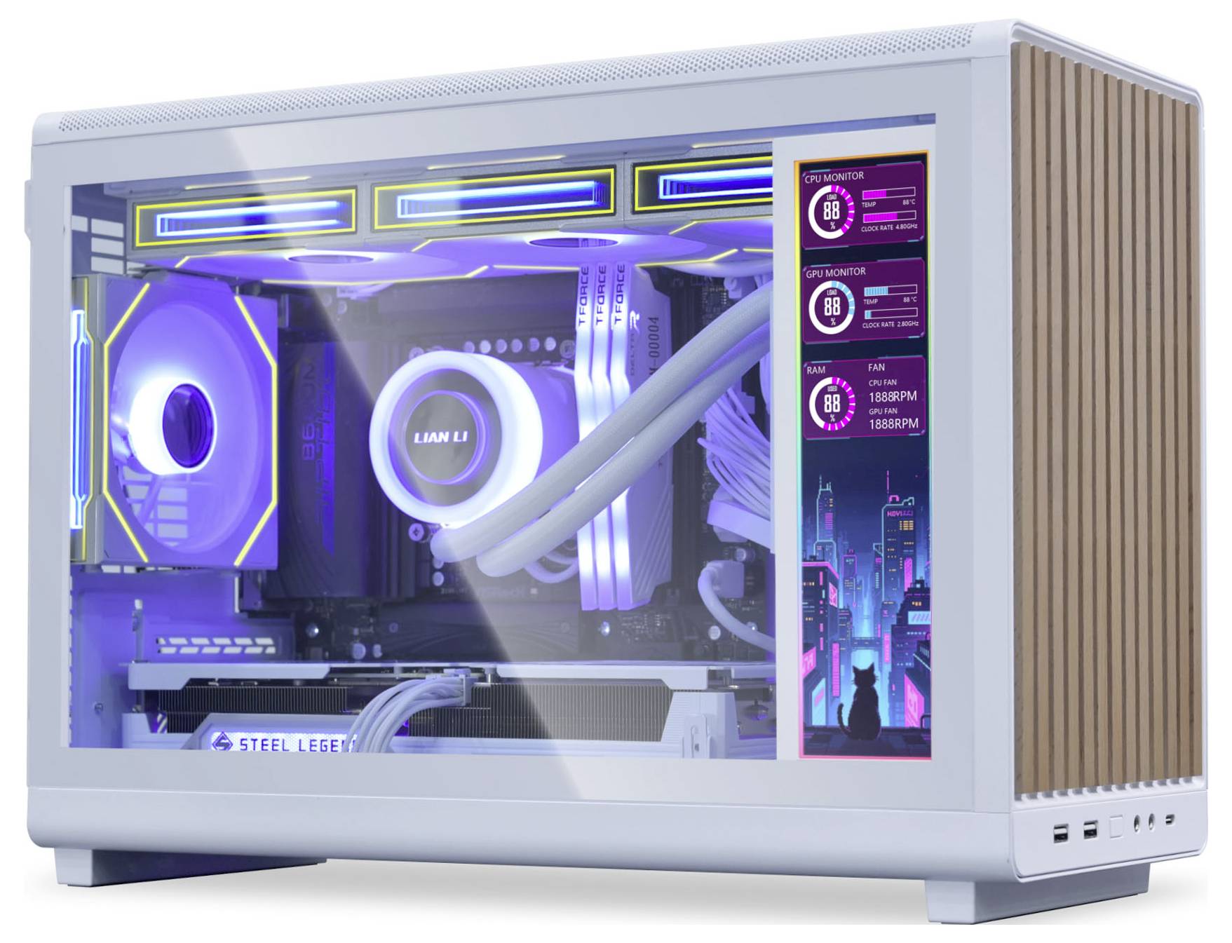 A gaming PC with a transparent side panel revealing illuminated components: a cooling fan, graphics card, and processor cooling system.