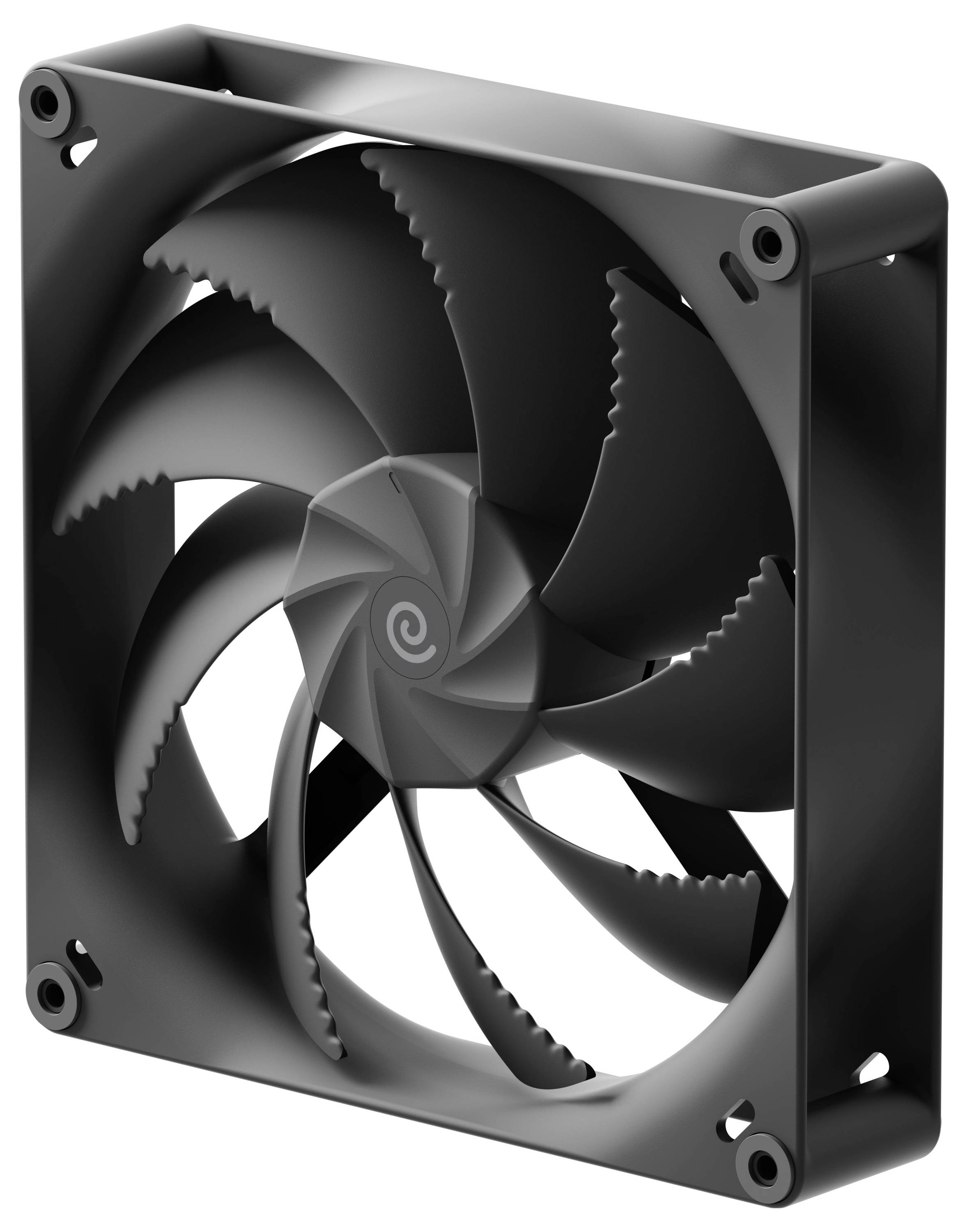A black computer cooling fan with a spiral and wave-like design on the blades is shown, suitable for high-performance machines.