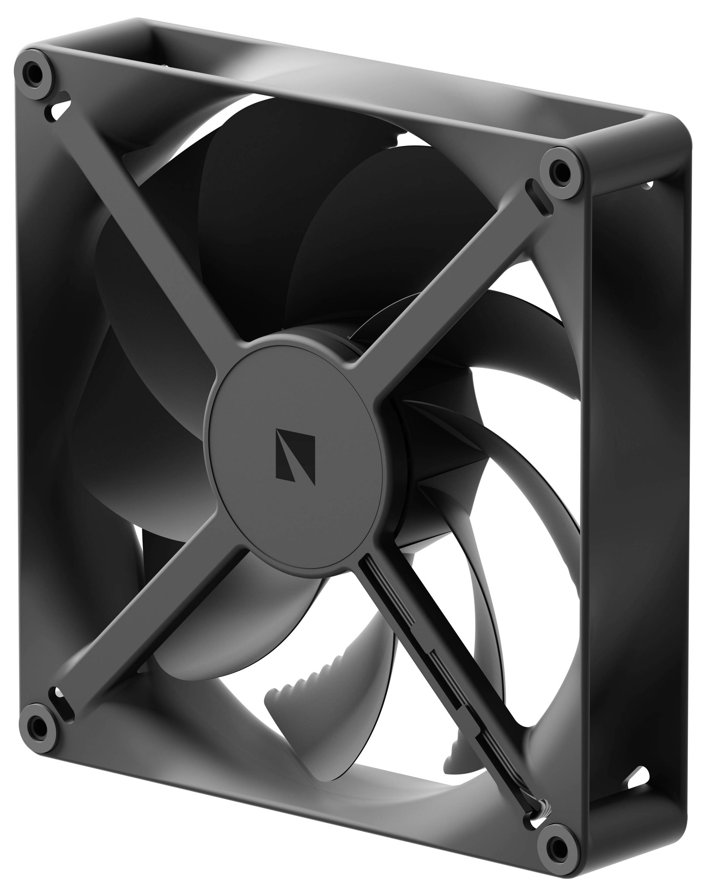 A square computer cooling fan with curved blades and a black frame, designed for efficient airflow in electronic devices.