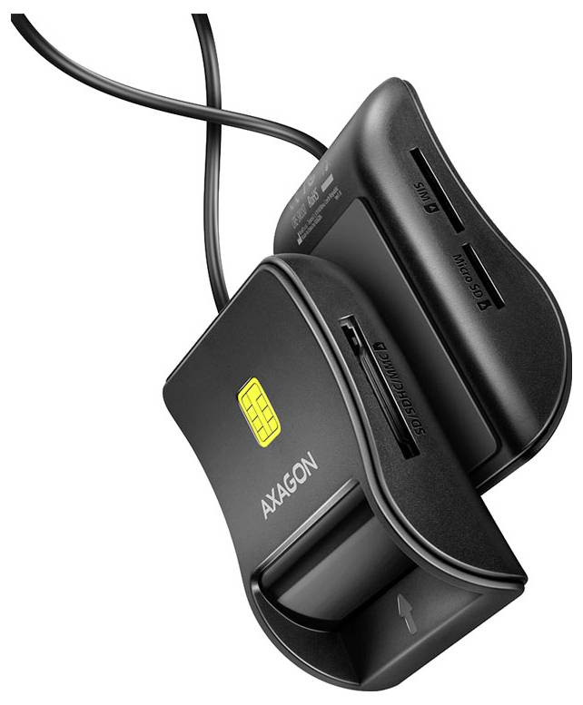 A black AXAGON SIM and card reader with slots for SD, microSD, and SIM cards, connected by a cable, on a white background.