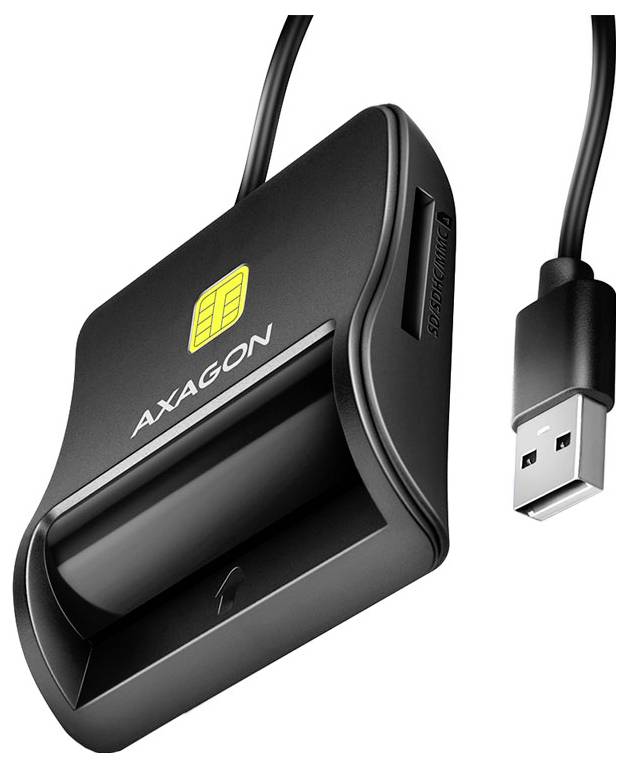 USB smart card reader with black casing, labeled 'AXAGON', featuring a card slot and connected USB cable.