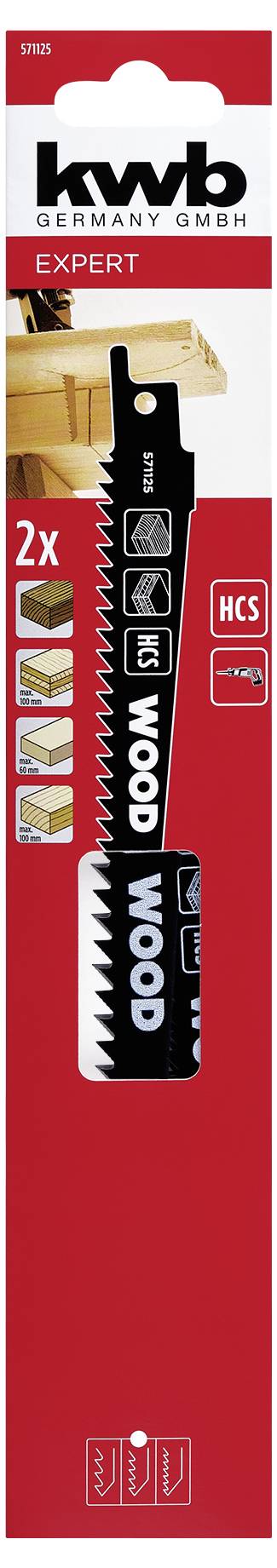 'Saw blade package labeled "kwb GERMANY GMBH EXPERT" containing two blades for wood, plastic, and plywood. Features HCS material.'