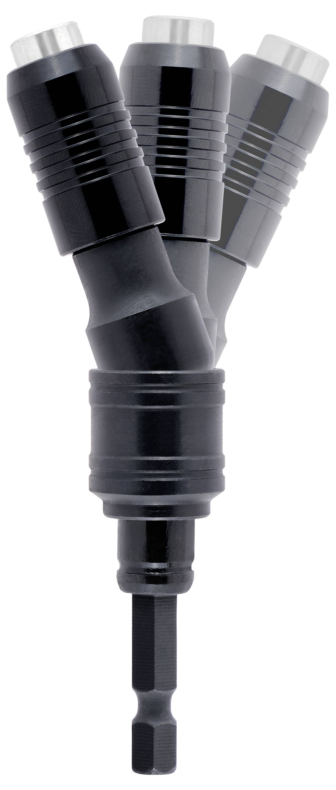 'A black drill bit adapter capable of bending at different angles, featuring a hexagonal base for attachment to power tools.'