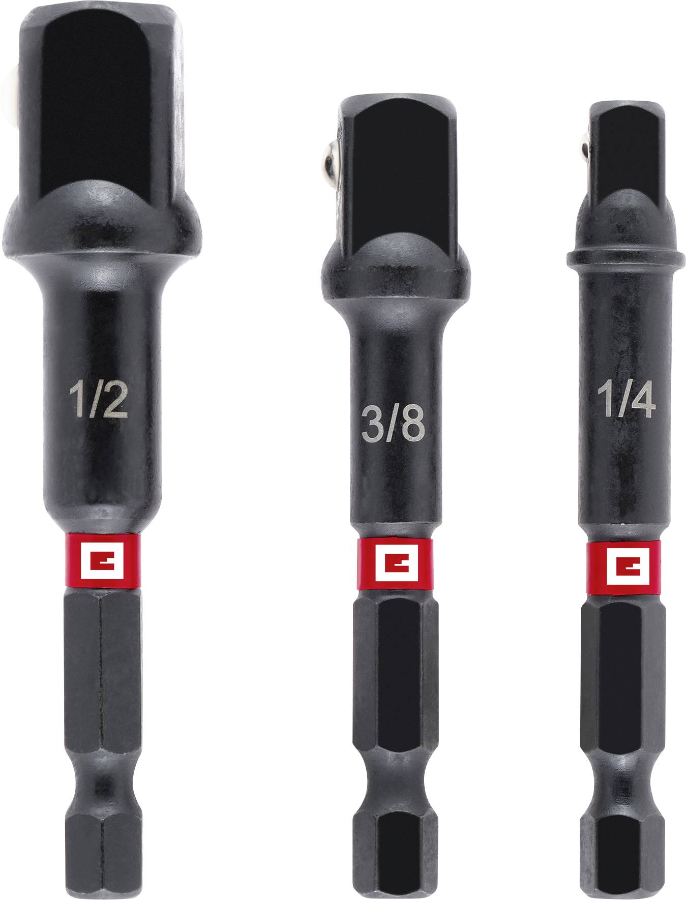 Three socket adapters, labeled '1/2', '3/8', and '1/4', in descending order of size, used for connecting sockets to power tools.