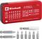Red Einhell bit dispenser set with nine magnetic screwdriver bits of various sizes and types, suitable for multiple screwhead styles.