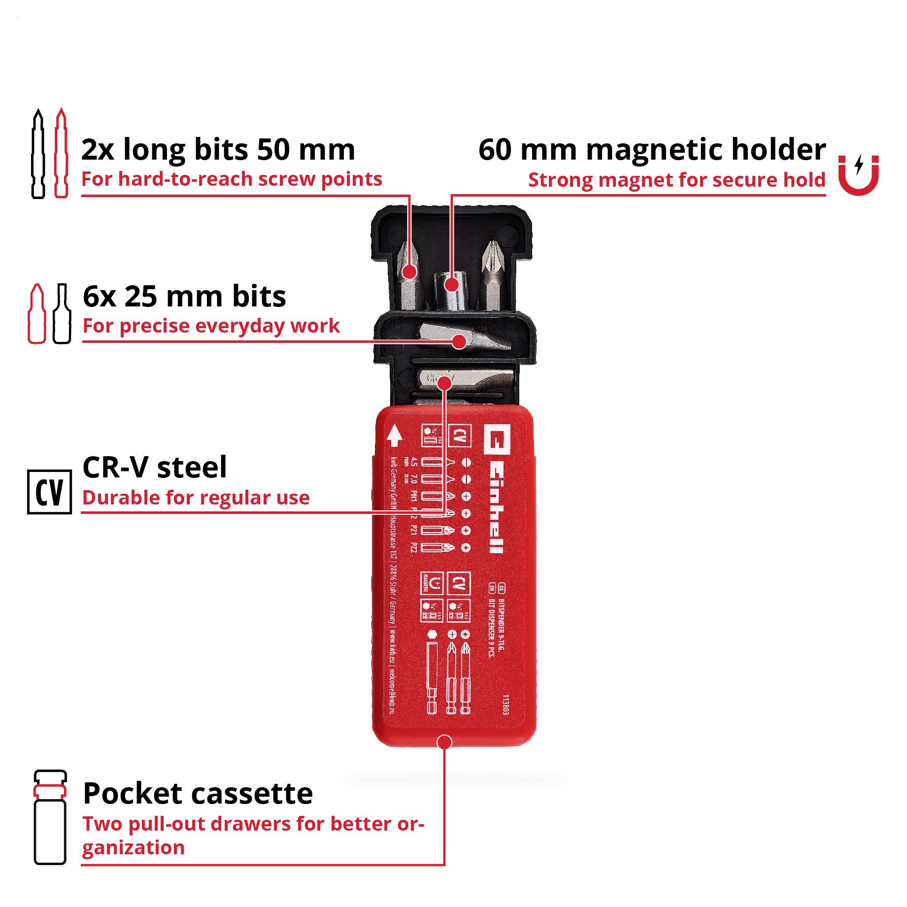 'Pocket cassette with two extendable drawers for overview. Contains magnetic bit holder 60 mm, 2x bits 50 mm, 6x bits 25 mm made from robust CR-V steel.'
