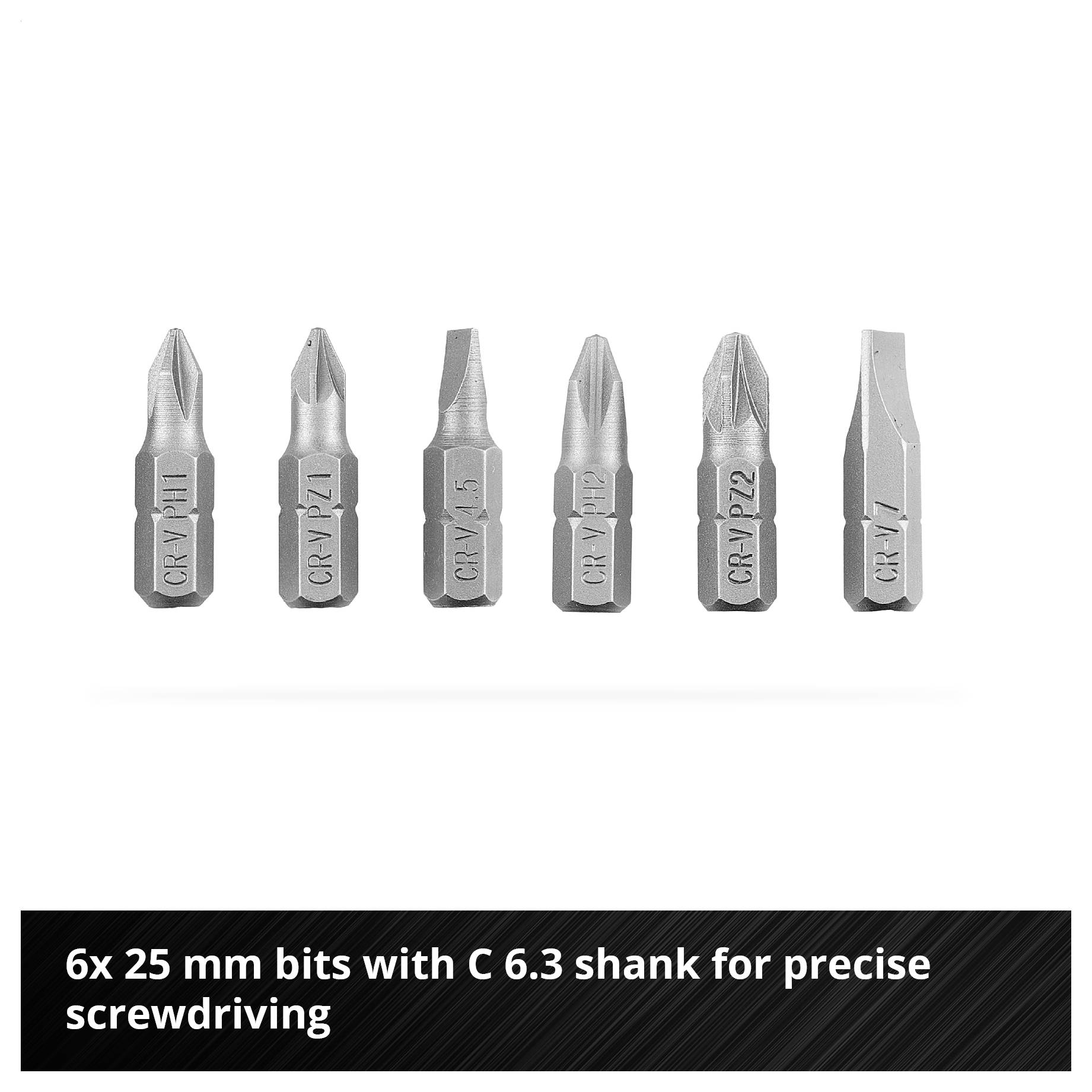 Six 25-mm bits with C 6.3 shank on white background; suitable for precise screwing tasks.