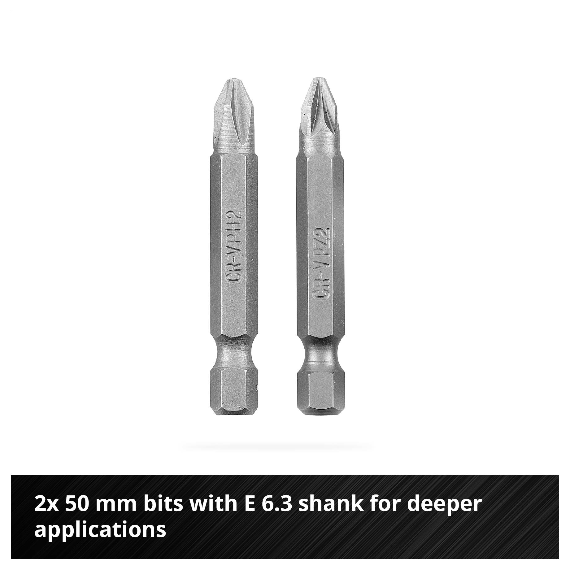 'Two 50mm bits with E 6.3 shank for deeper screw holes.'