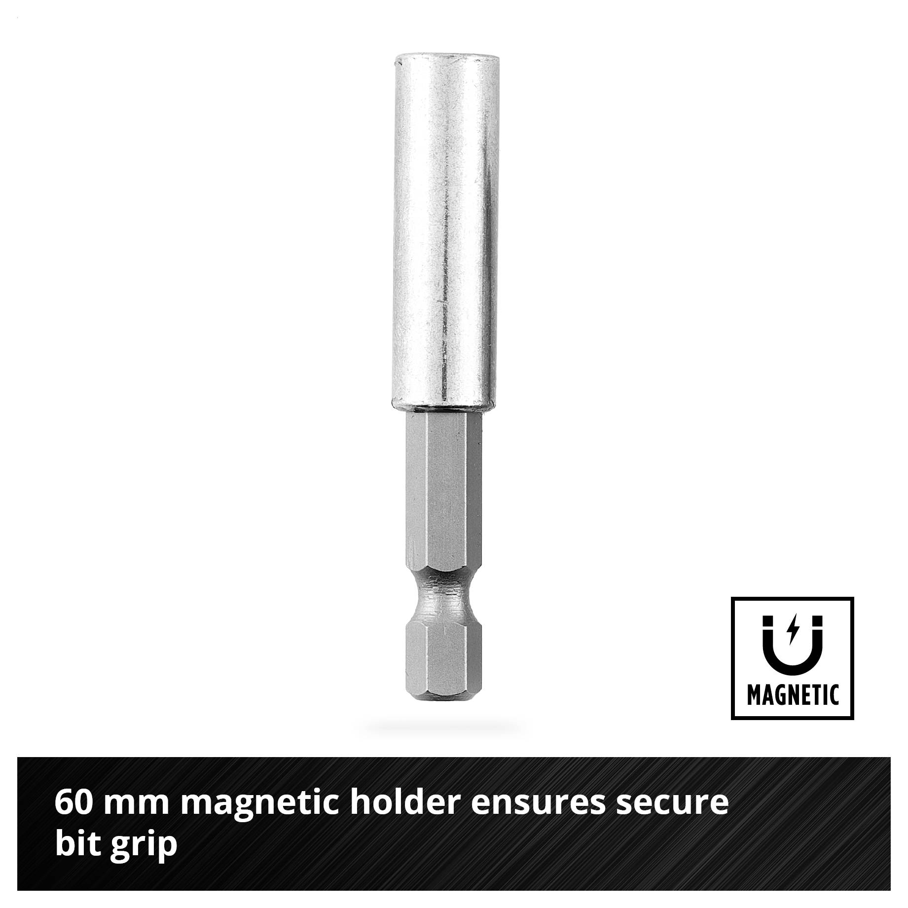 'Magnetic bit holder with 60 mm length for secure bit grip' display. Silvery bit holder, magnetic function, on white background.