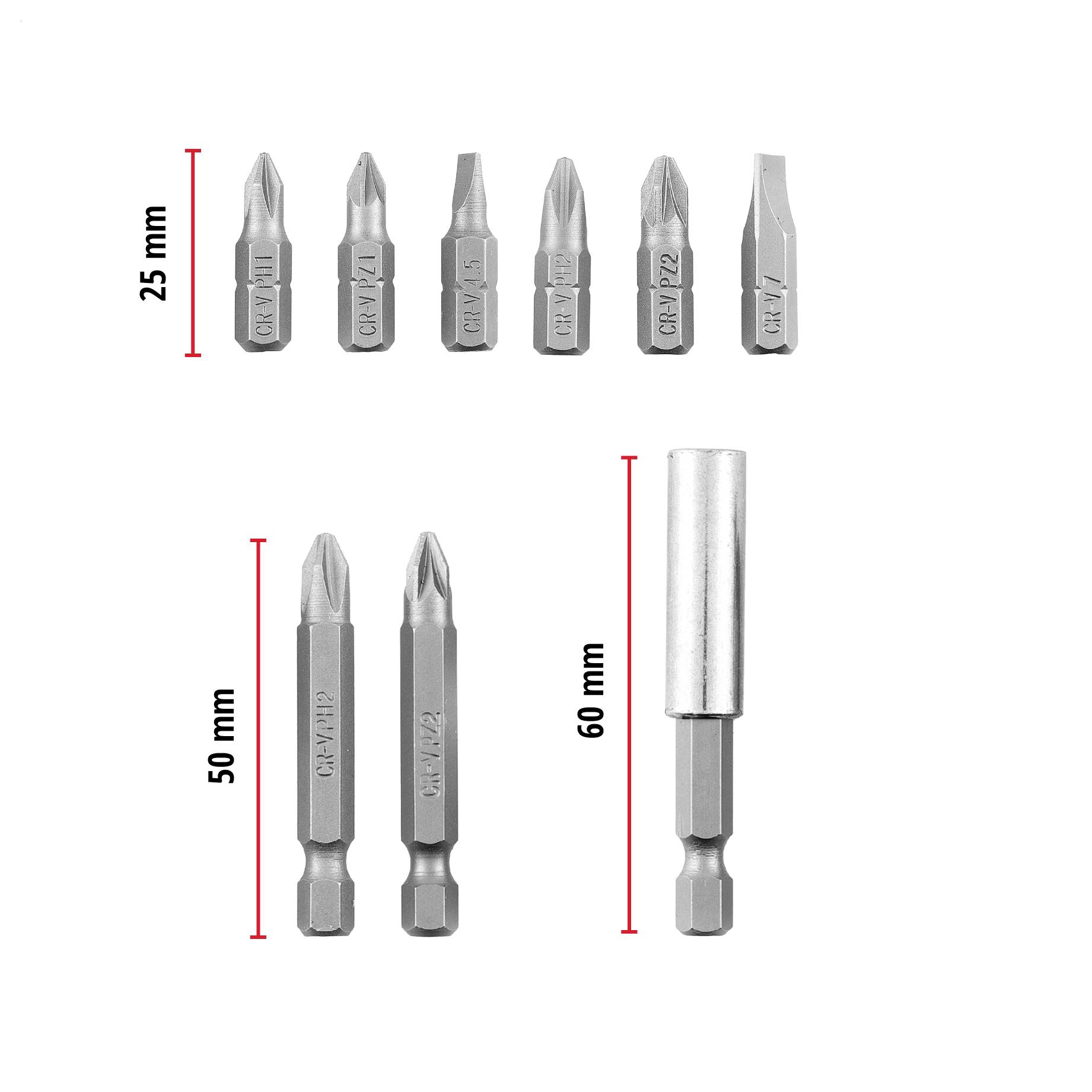 Assorted screwdriver bits of varying lengths (25 mm, 50 mm, 60 mm) displayed in two rows.