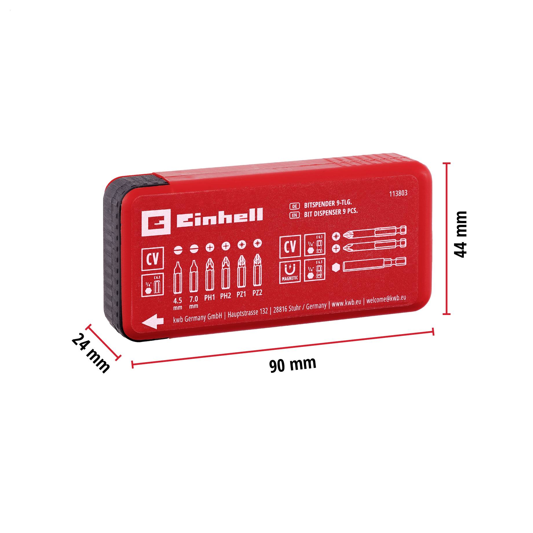'Einhell' screwdriver bits set box with labeled hex and slotted bits, dimensions shown: 90 mm x 44 mm x 24 mm.