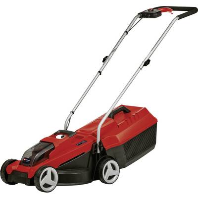 A red and black lawnmower with a long handle and four wheels, designed for cutting grass in residential gardens.
