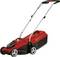 A red and black lawnmower with a long handle and four wheels, designed for cutting grass in residential gardens.