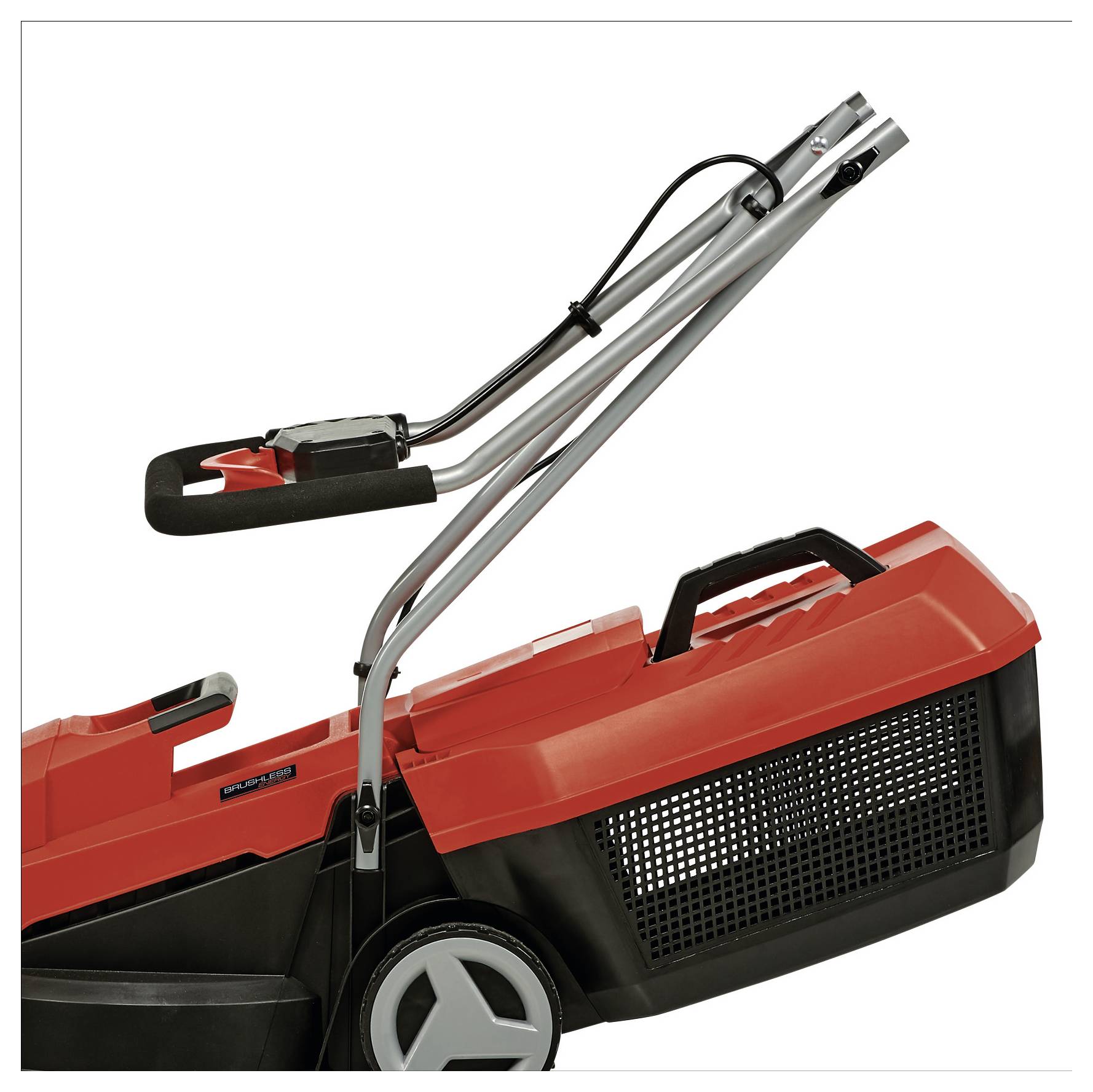 Red and black lawnmower featuring a metal handle and a sizable grass collection bin, positioned on a white background.