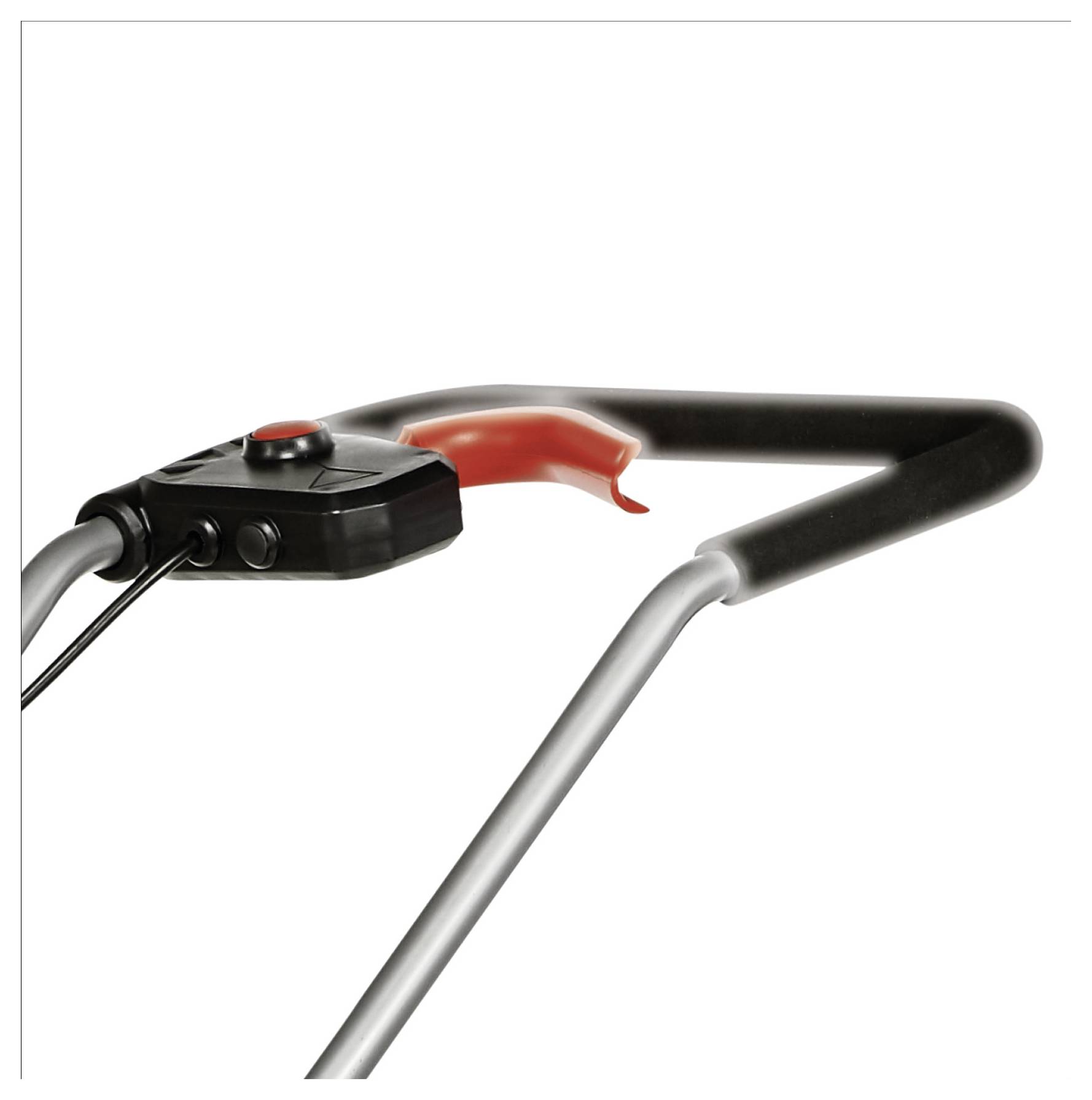 'Close-up of lawn mower handle with a red lever, black grip, and control buttons, against a plain white background.'