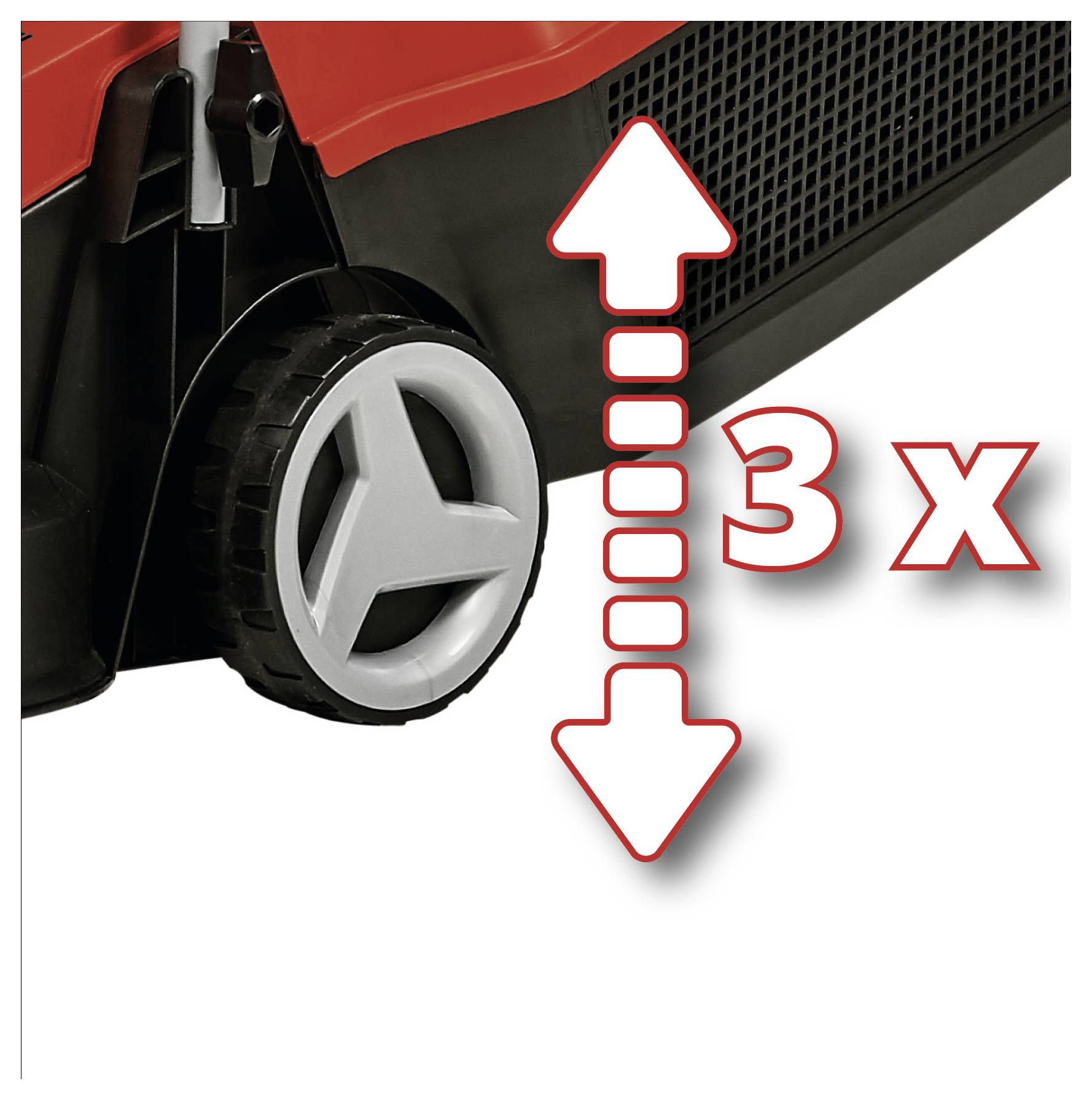 'Lawn mower close-up showing a wheel and lever for height adjustment. Arrows indicate three different height settings.'