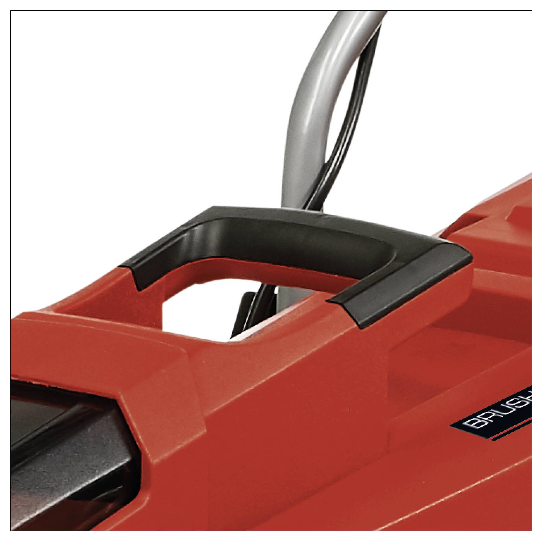 A close-up of a red gardening tool handle with a black grip and a visible metal rod attached, suggesting a sturdy design for user comfort.