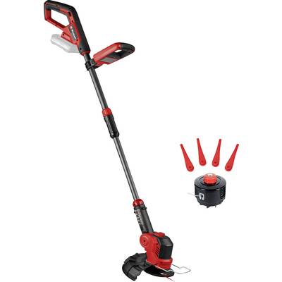 A red and black cordless string trimmer with a detachable battery shown next to replacement trimmer blades and a spool head.