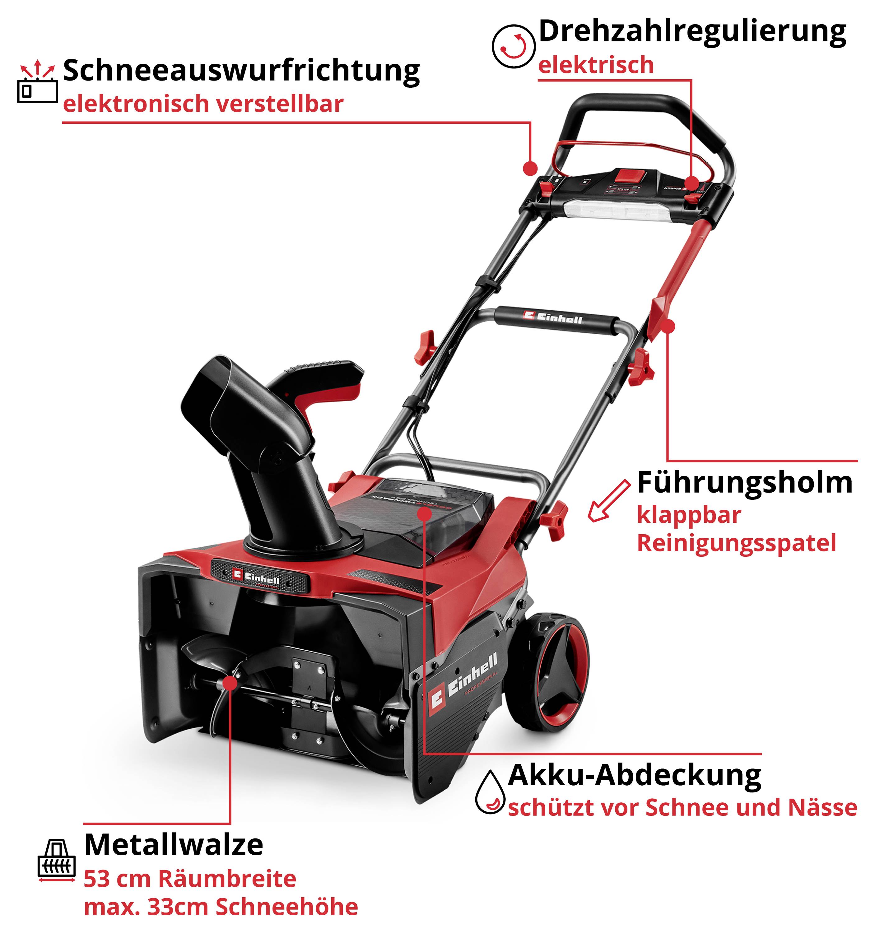 Electric snow blower in red and black with adjustable speed, metal roller, foldable handlebar and adjustable chute. Battery cover protects against snow and moisture.