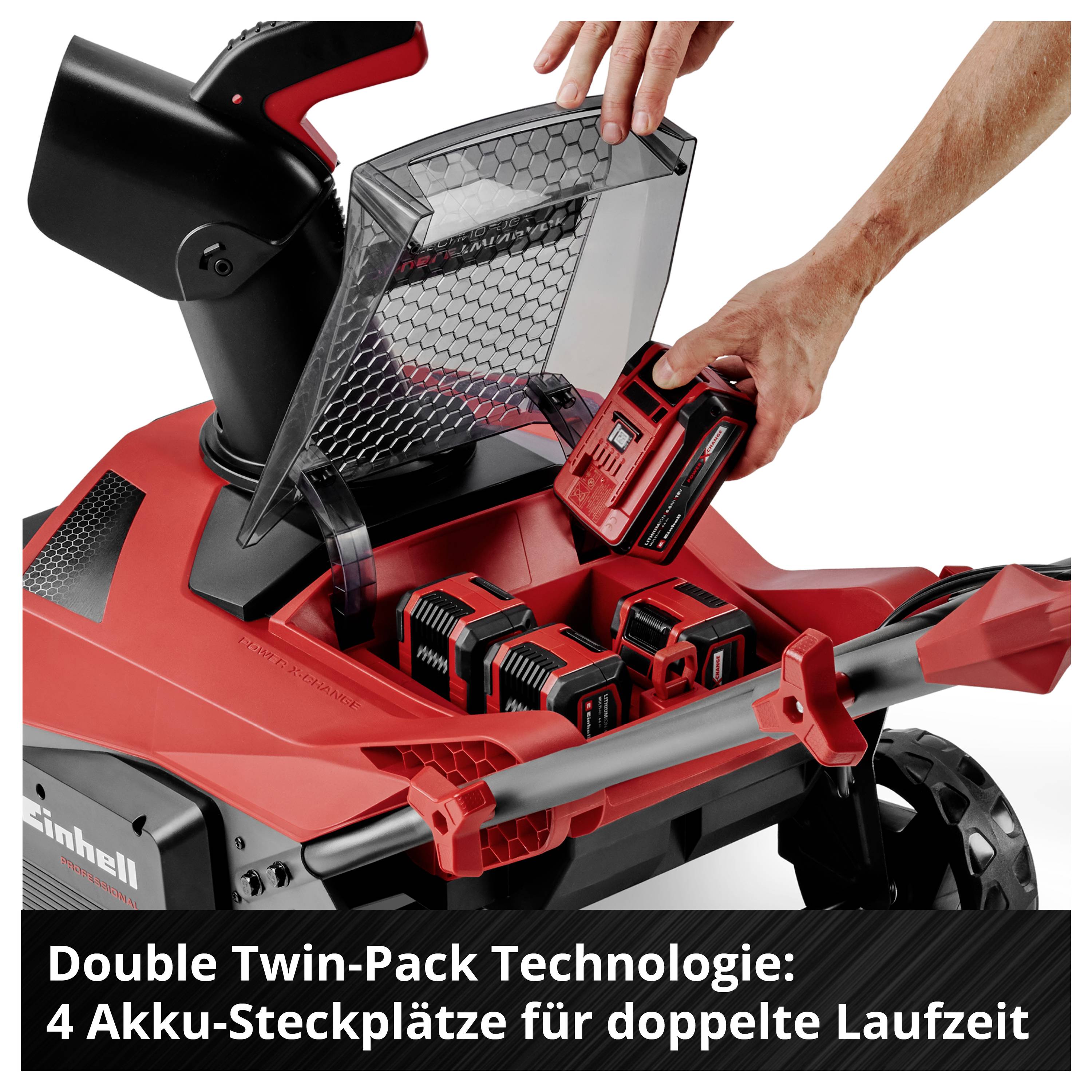 'Einhell garden tool with an open battery flap and removable battery. Text: Double Twin-Pack Technology: 4 battery slots for double runtime.'
