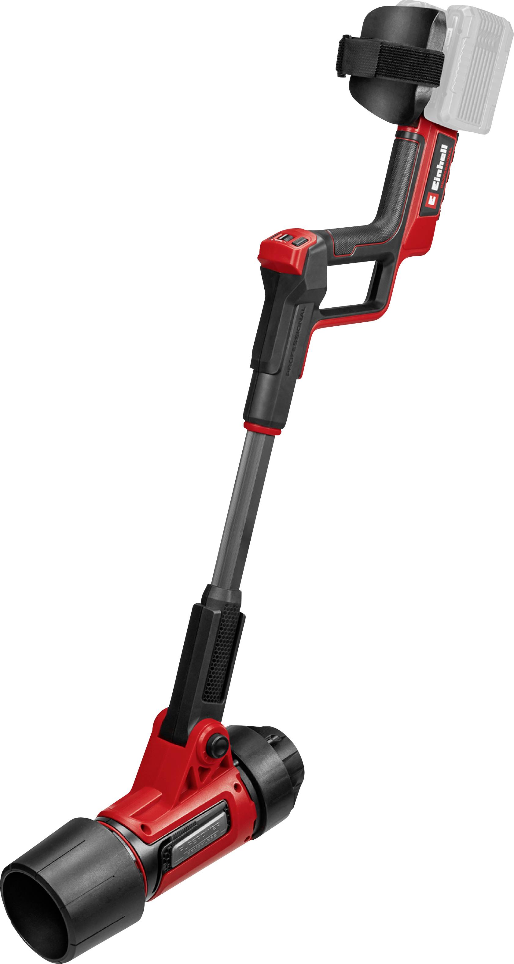 A red and black handheld power tool designed for polishing or sanding, with a battery pack at the top and an adjustable handle.