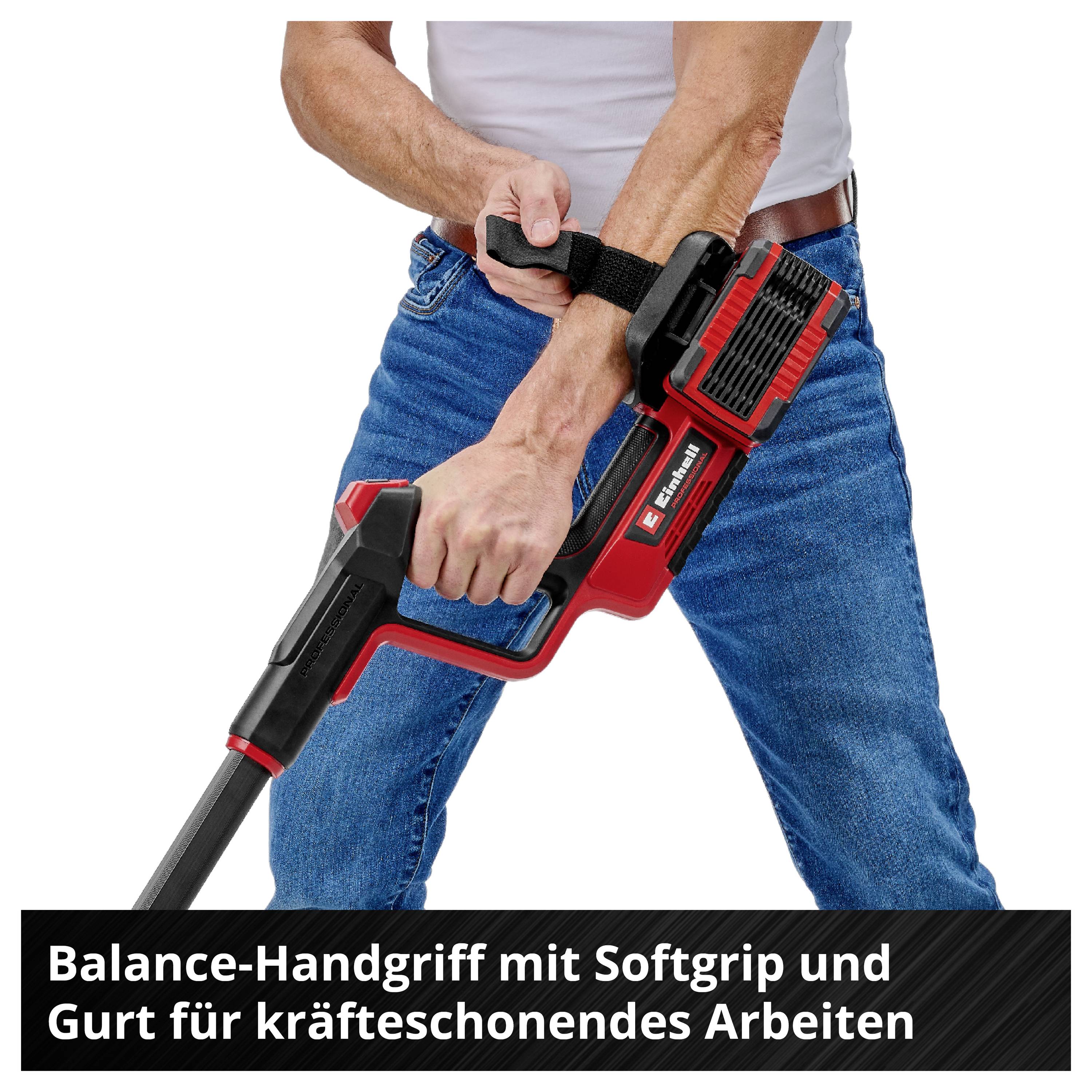 A man is holding a brush cutter with a balance handle and soft grip, designed for working in the garden with reduced physical strain.