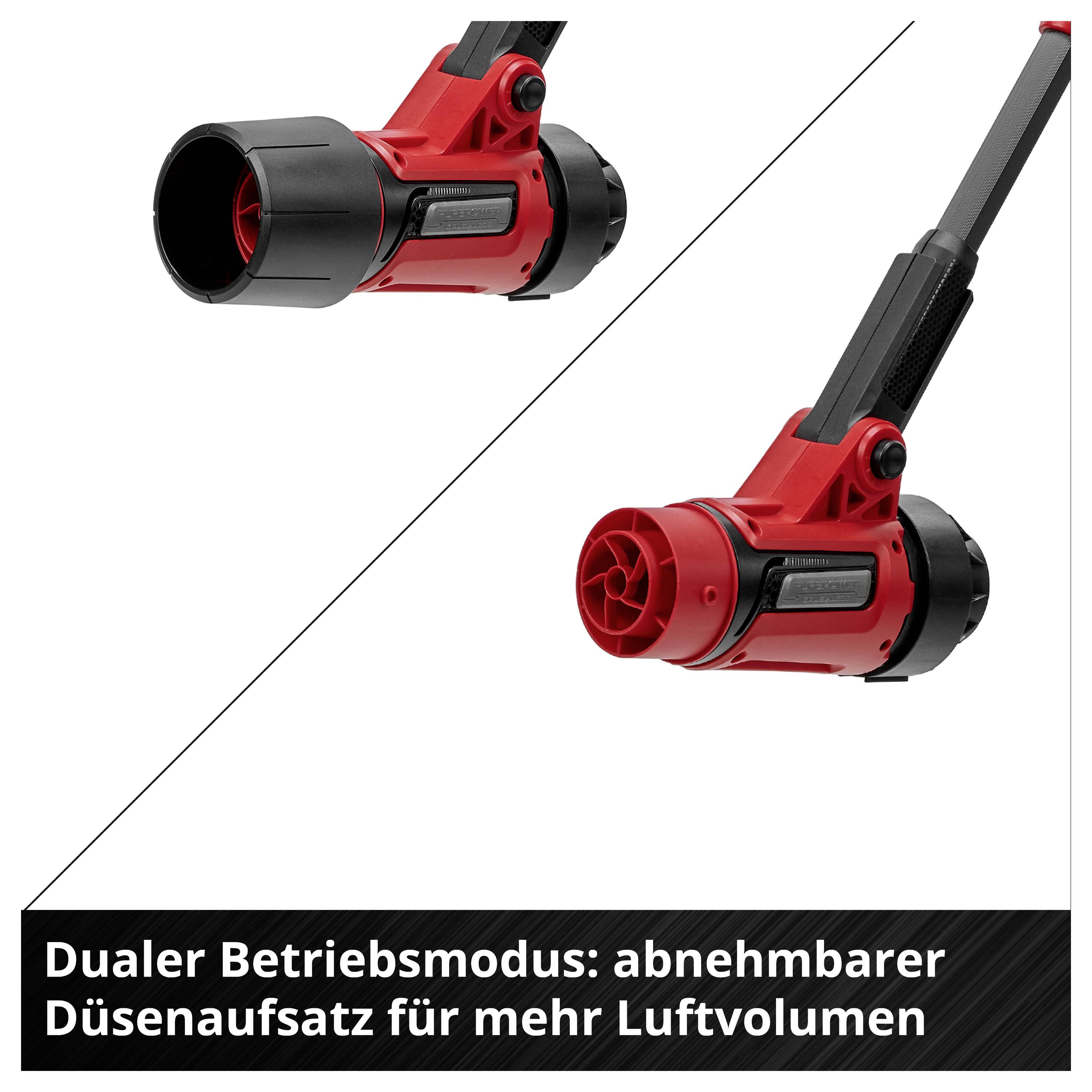 Two images of a red and black leaf blower with a removable nozzle attachment; text describes dual operating modes for increased air volume.