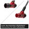 Two images of a red and black leaf blower with a removable nozzle attachment; text describes dual operating modes for increased air volume.