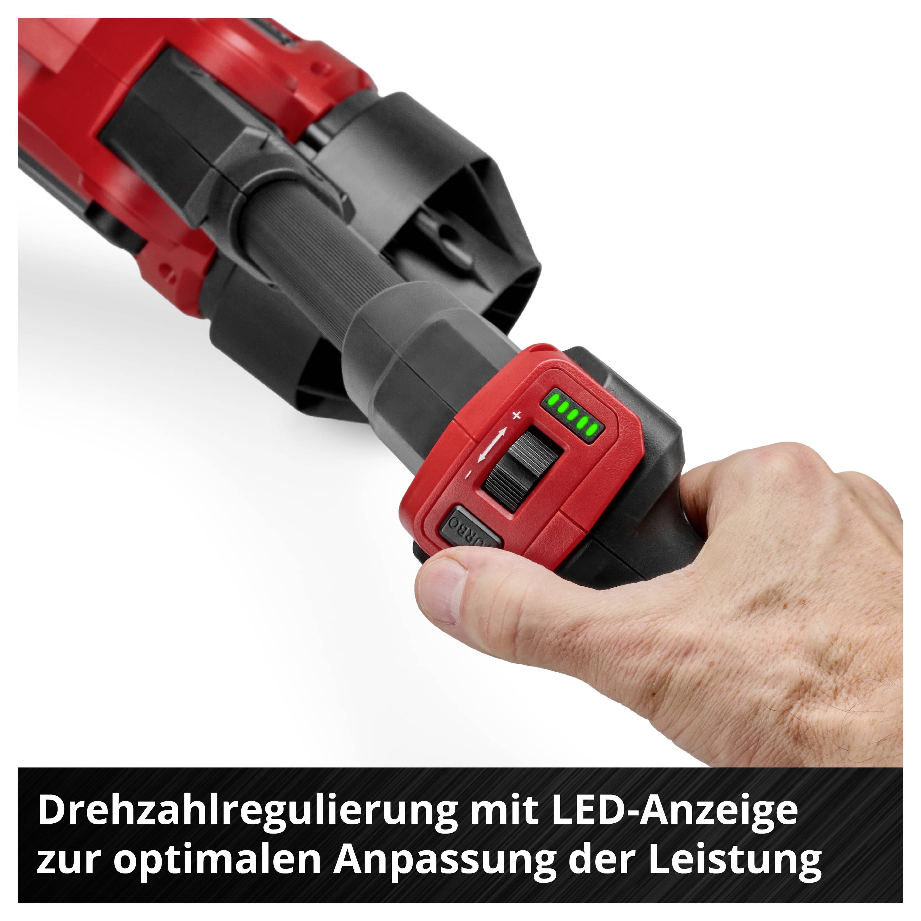 Hand holding tool with speed control. LED display shows power setting. Text: 'Speed control with LED display for optimal power adjustment'.