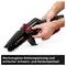 Circular saw with black and red design. Person demonstrates tool-free chain tensioning. Text: 'Tool-free chain tensioning and easy saw blade and chain replacement'.