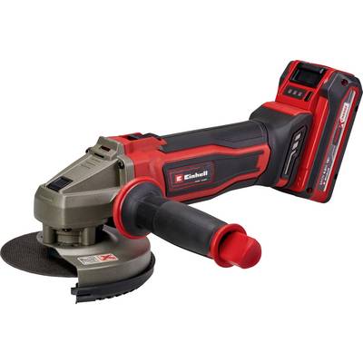 A red and black cordless angle grinder with a side handle and battery pack attached, designed for cutting and grinding tasks.