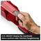 Close-up of a hand pressing the ECO/BOOST button on a red device. Text: 'ECO/BOOST mode for maximum battery life or highest suction power'.