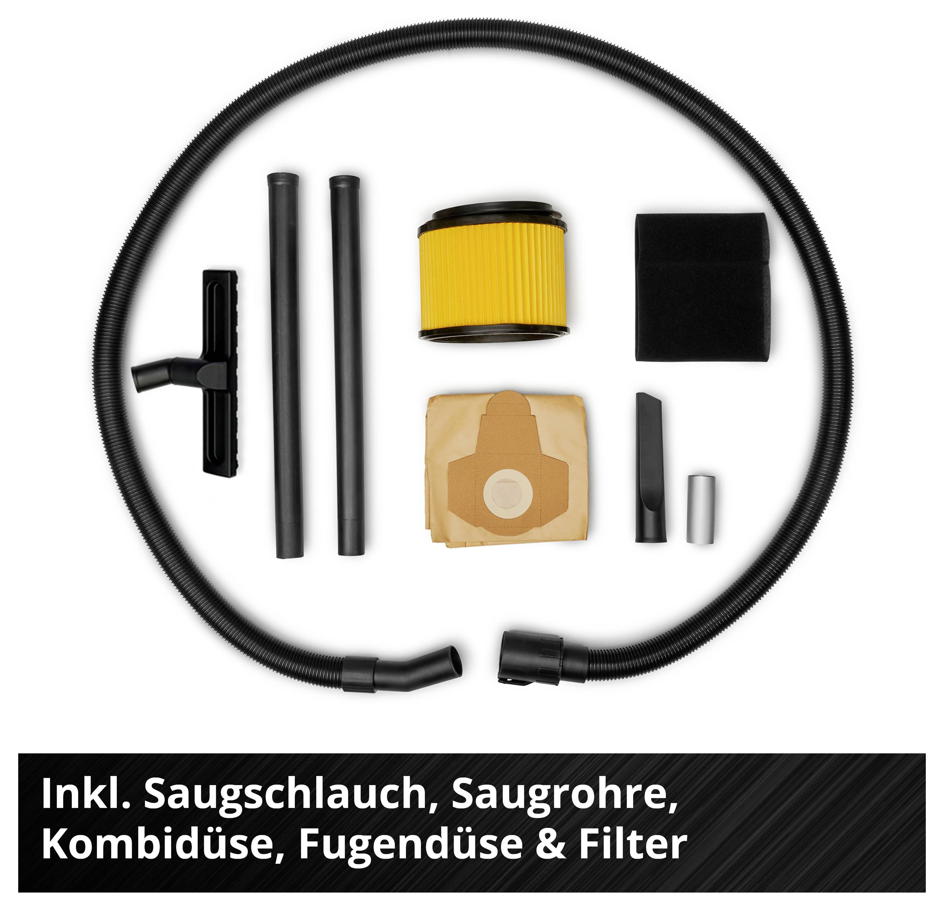 A vacuum cleaner set with hose, two suction tubes, combination and crevice nozzle, filter, fabric and paper bags on a white background.