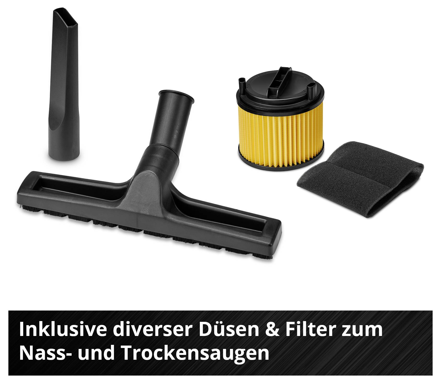 Various nozzles and filters for wet and dry vacuuming, including a floor nozzle, crevice nozzle, pleated filter, and two foam filters.