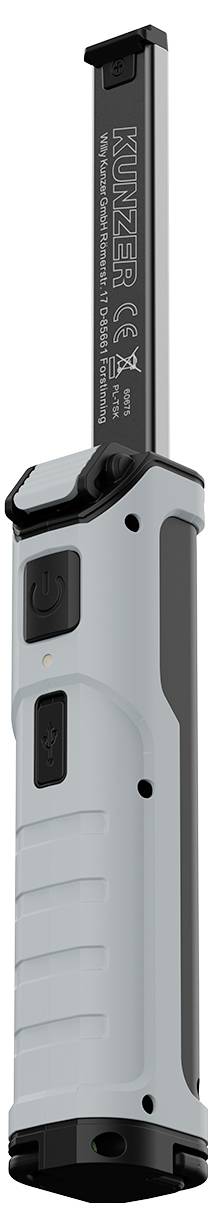 Tall, handheld torch lighter with a silver body and black accents. The lighter features an ignition button and safety switch on its side.