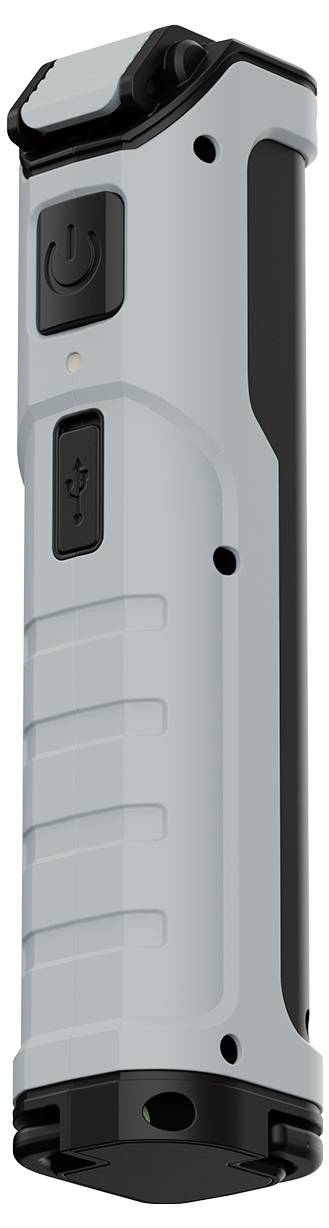 A gray and black portable flashlight with a power button and USB charging port, designed for easy carrying and rechargeable use.